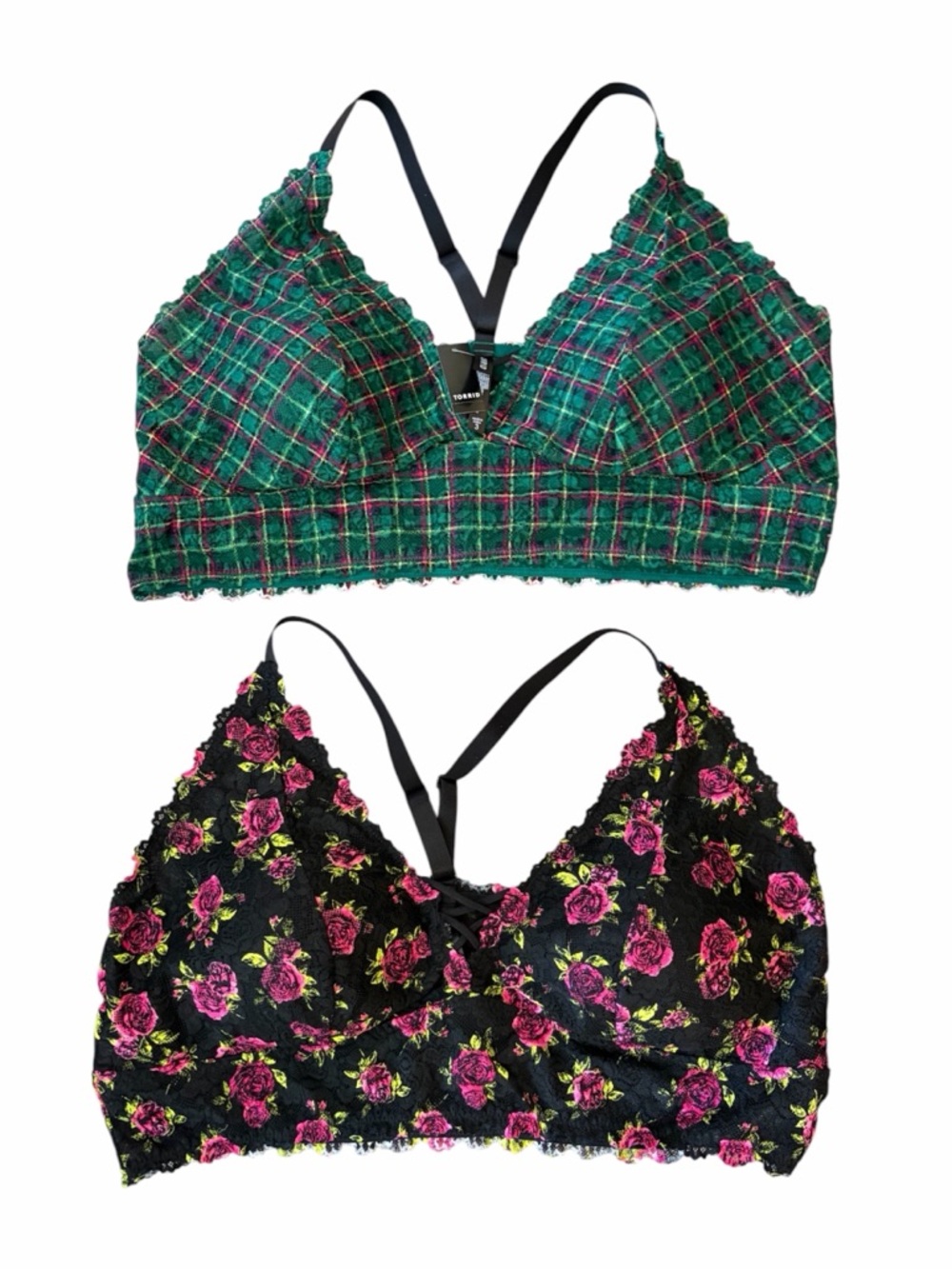 Torrid Curve Lace Padded Bralettes (2) Size 3 Green Plaid & Black Rose Print